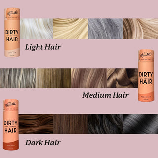 Dirty Hair Dry Shampoo shade chart for light, medium and dark hair